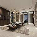 Modern Luxurious Shop Front Desk Area With Marble Floor Metal Accents And Chandelier