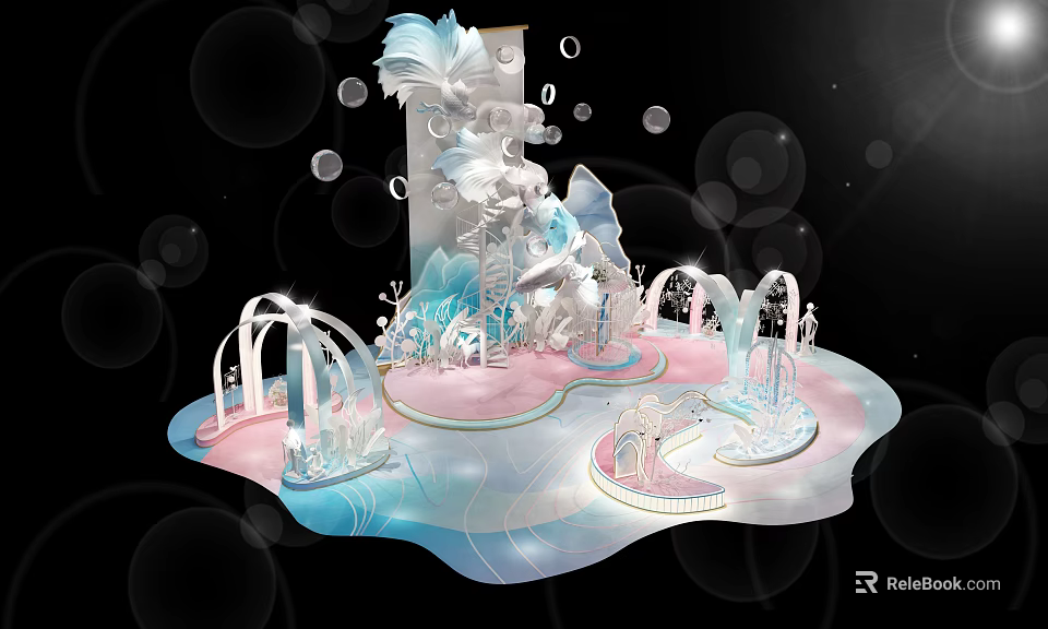 Dreamy Decorative Scene With White Sculptural Arches Pink Blue Base And Bubbles 3d model 