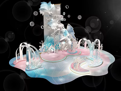 Dreamy Decorative Scene With White Sculptural Arches Pink Blue Base And Bubbles 3d model