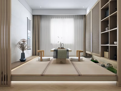 Minimalist Tea Room Interior With Tatami Floor Low Table Wooden Shelves And Green Plants 3d model