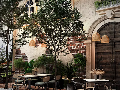 Charming Outdoor Café With Brick Wall Arch Door Hanging Lamps And Green Trees 3d model