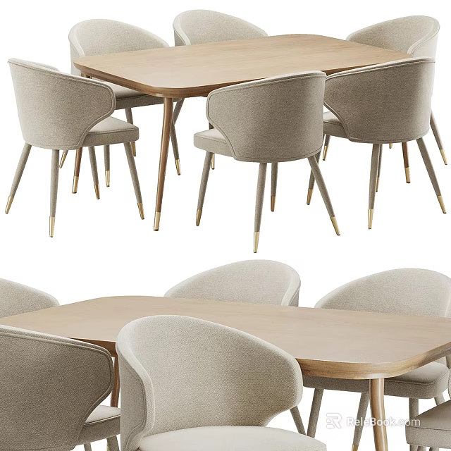 Modern Light Wood Dining Table With Four Beige Upholstered Chairs Set 3d model