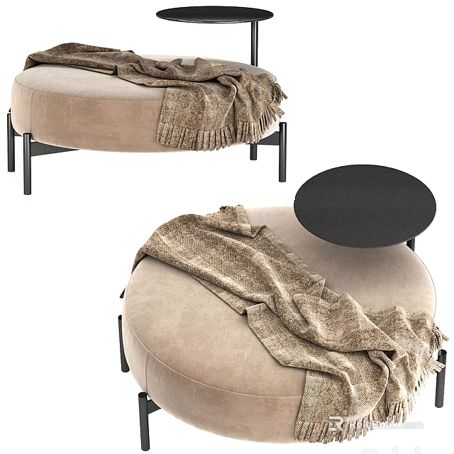 Beige Sofa Stool With Blanket And Black Metal Legs Small Table Nearby 3d model 