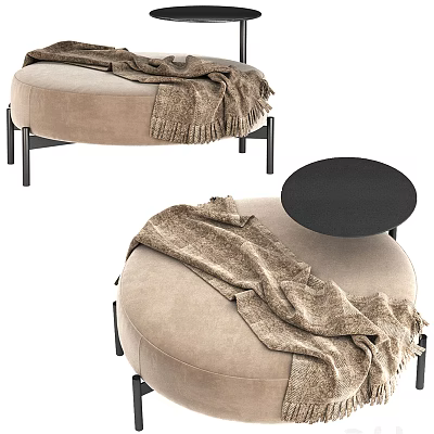 Beige Sofa Stool With Blanket And Black Metal Legs Small Table Nearby 3d model
