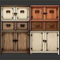 Various Colored Stacked Wooden Storage Cabinets With Different Designs Doors And Drawers