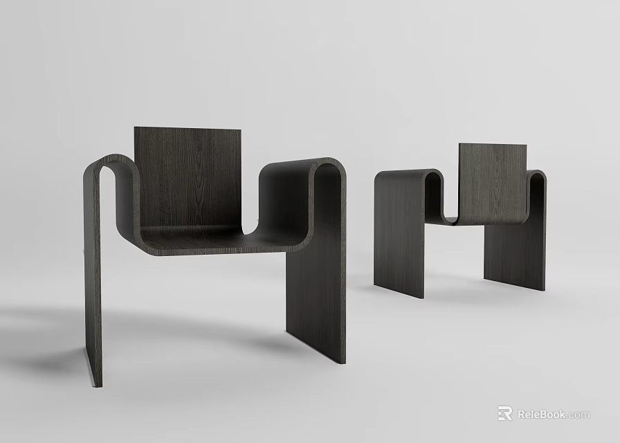Modern Black Wooden Leisure Chairs With Unique Curved Armrests And Stylish Design 3d model 