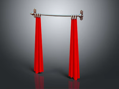 Red Long Curtains Hanging On Metal Rod With Hooks In Modern Interior Design 3d model