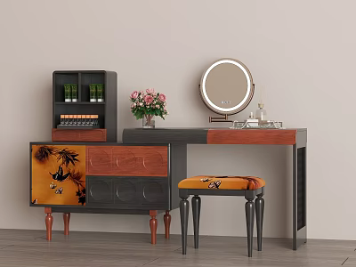 Stylish Wooden Dressing Table With Round Mirror Stool And Flower Arrangement 3d model