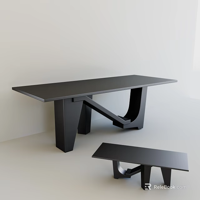 Black Modern Desk with Unique Geometric Legs and Small Bench in Light Colored Room 3d model 