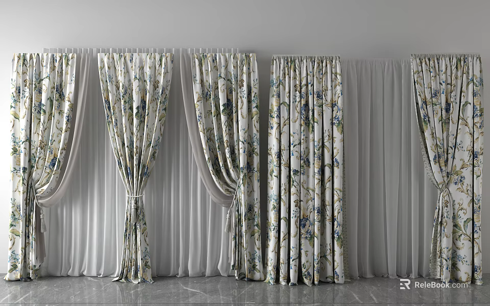 Elegant Floral Patterned Curtains With Draped Design And Light Filtering Fabric 3d model 