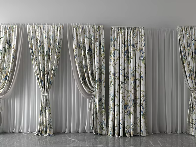 Elegant Floral Patterned Curtains With Draped Design And Light Filtering Fabric 3d model