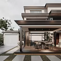 Modern Courtyard Garden Design With Covered Pavilion Green Plants Bonsai Tree And Stone Pavement