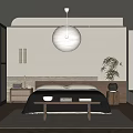 Minimalist Modern Bedroom Interior With Platform Bed Round Pendant Light Wooden Floor And Decorative Plant