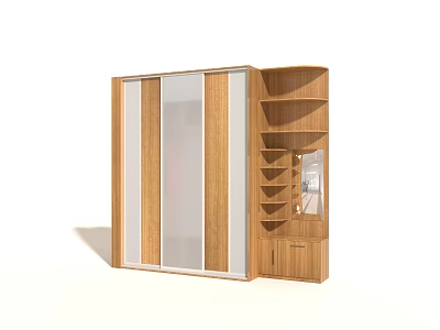 Modern Sleek Wooden Wardrobe With Sliding Doors Open Shelves And Drawers 3d model