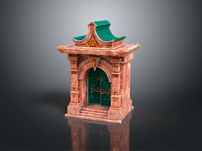 Ornate Decorative Gate With Green Roof Red Stone Structure And Golden Accents Elegant Steps Design 3d model