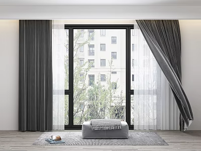 Dark Thick Curtains With White Sheer Panels For Cozy Modern Room Window Area 3d model