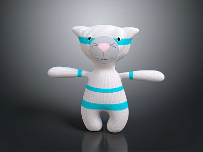 Cute White Plush Cat Toy With Blue Stripes And Pink Nose Design 3d model