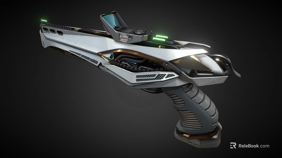 Futuristic Sci Fi Weapon With Silver Black Design Green Lights And Textured Grip 3d model 