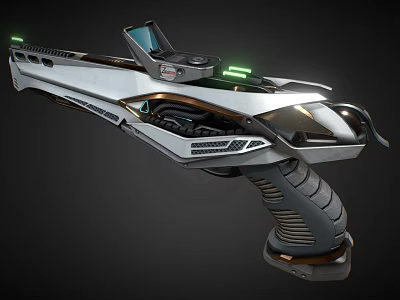 Futuristic Sci Fi Weapon With Silver Black Design Green Lights And Textured Grip 3d model
