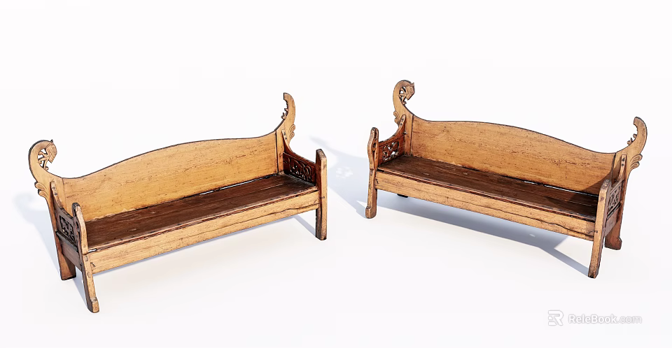 Classic Wooden Public Chairs with Curved Backrest and Ornate Armrests 3d model 