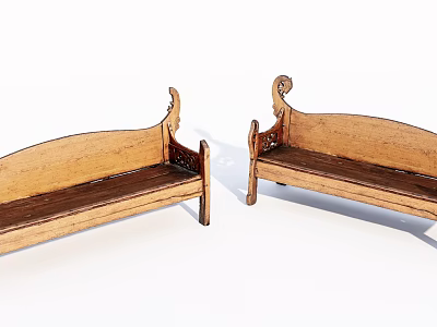 Classic Wooden Public Chairs with Curved Backrest and Ornate Armrests 3d model