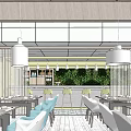 Modern Restaurant Interior With White Pendant Lights Dining Tables Blue Chairs And Green Plants