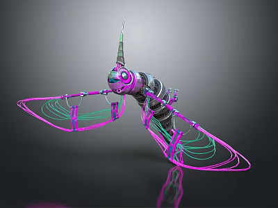 Detailed Futuristic Biomechanical Insect With Purple Pink Wings Horn Like Antenna And Metallic Structure 3d model