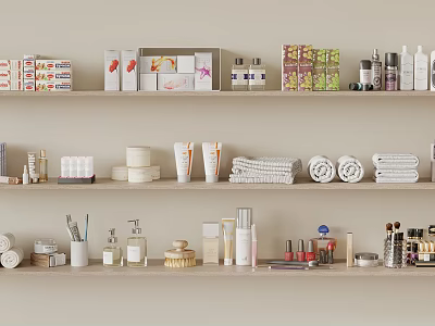 Organized Shelves Display Various Laundry and Daily Essentials Including Bottled Cleaners Towel Rolls Skincare Toiletries 3d model