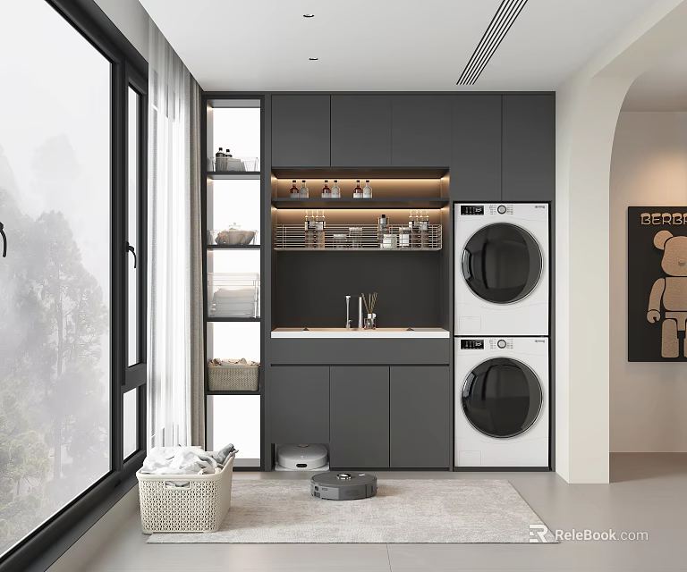 Modern Home Balcony Laundry Area With Stacked Washer Dryer Storage Cabinets And Window View 3d model 