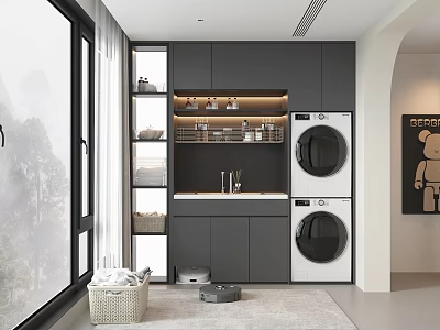 Modern Home Balcony Laundry Area With Stacked Washer Dryer Storage Cabinets And Window View 3d model