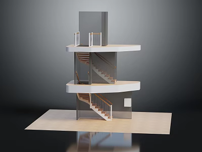 Spiral Staircase Multi Level Platform Structure With Wooden Railings And Gray Panels 3d model