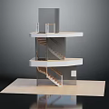 Spiral Staircase Multi Level Platform Structure With Wooden Railings And Gray Panels