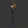 Cartoon Female Game Movie Character with Brown Short Hair Blue Bodysuit Red Gloves And Logo