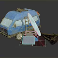 Blue Camper Van With Roof Rack Ladder Surfboard Mat And Tent
