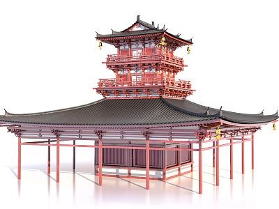 Ancient Chinese Architecture Multi Tiered Red Wooden Structure With Black Tiled Roof And Overhanging Eaves 3d model
