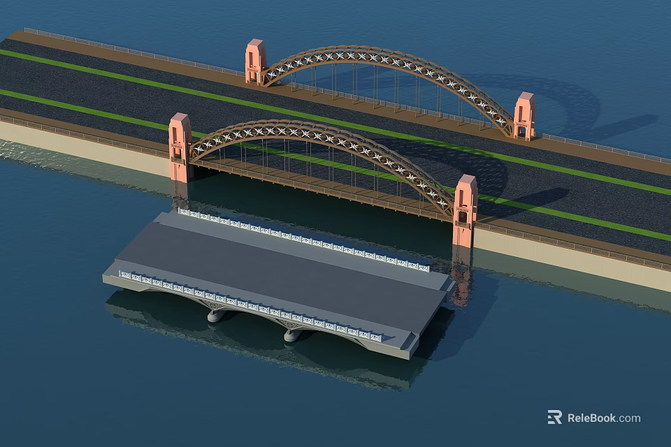 Two Arched Bridges With Stone Piers And Roadway Over Water With Platform 3d model 