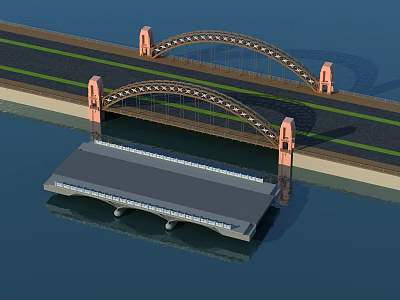 Two Arched Bridges With Stone Piers And Roadway Over Water With Platform 3d model