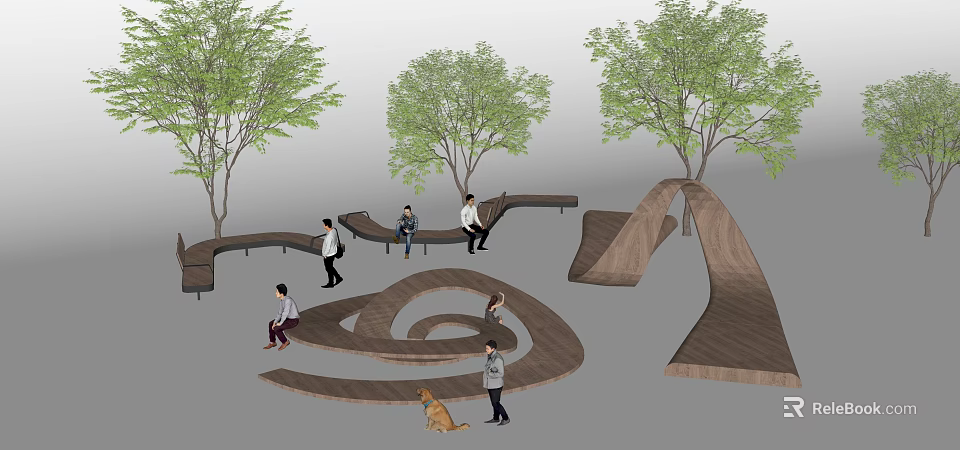 Outdoor Chair With Curved Wooden Structure For Park Rest Area Featuring Trees And People 3d model 