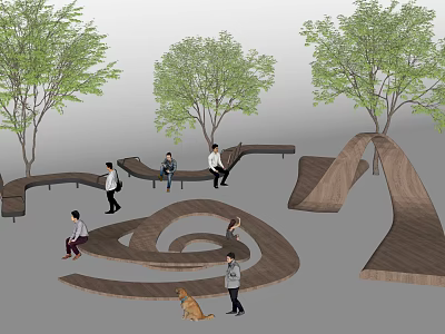 Outdoor Chair With Curved Wooden Structure For Park Rest Area Featuring Trees And People 3d model