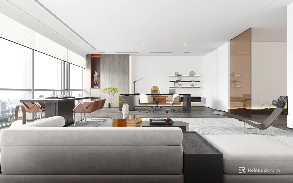 Modern Office Interior With Open Workspace Comfortable Furniture And Large Windows 3d model 