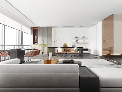 Modern Office Interior With Open Workspace Comfortable Furniture And Large Windows 3d model