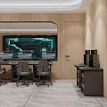 Modern Monitoring Room with Large Display Screen Multiple Monitors Control Console and Office Chairs