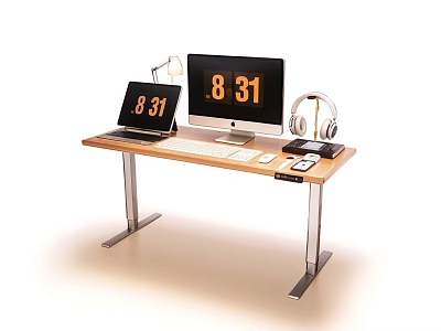 Modern Office Desk Setup With Laptop Desktop Monitor Lamp Headphones Keyboard And Mouse 3d model