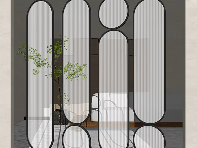 Modern Geometric Room Divider With Oval Circular Cutouts And Black Frame In Interior Space 3d model