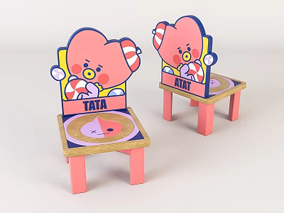 Cute Pink Children's Chairs With Cartoon Design TATA Lettering On Backrest And Round Seat 3d model