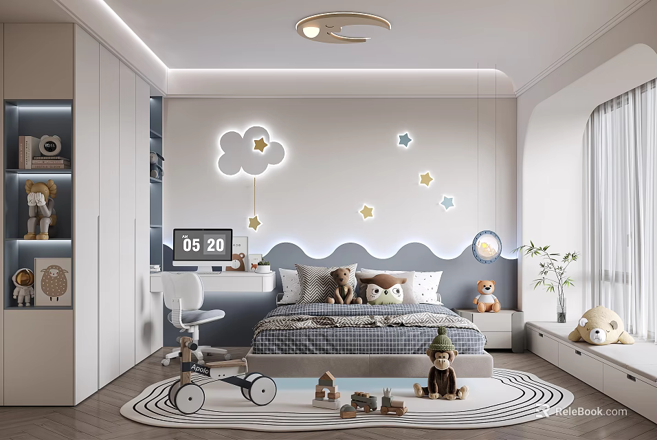 Cozy Kids Room Interior With Cloud Star Wall Decor Bed Toys And Round Rug 3d model 