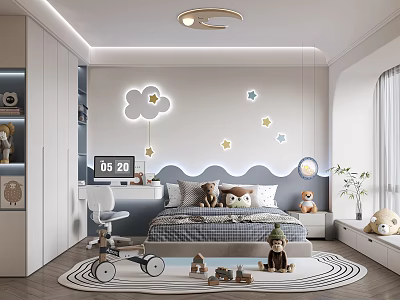 Cozy Kids Room Interior With Cloud Star Wall Decor Bed Toys And Round Rug 3d model