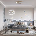 Cozy Kids Room Interior With Cloud Star Wall Decor Bed Toys And Round Rug 3d model