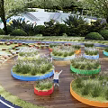 Beautiful Park Landscape With Colorful Track Children Riding Bikes Green Trees And Stone Benches