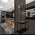Traditional Chinese Style Tobacco And Wine Shop Interior With Display Cabinets Chandeliers And Green Plants